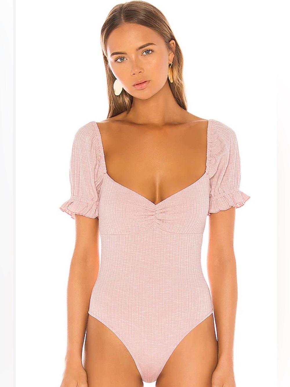 Privacy Please Blush Pink Puff-Sleeve Ribbed Bodysuit